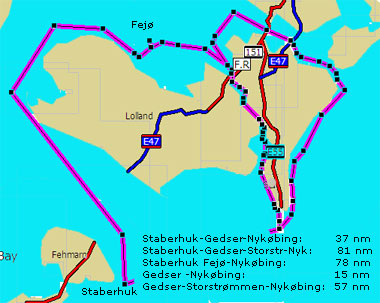 Omtrentlige distancer mellem Femarn, Staberhuk og Nykøbing F